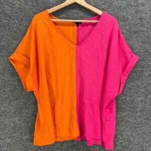 B Famous Blouse Women 3X Plus Pink  Colorblock V-Neck Short Sleeve Casual
